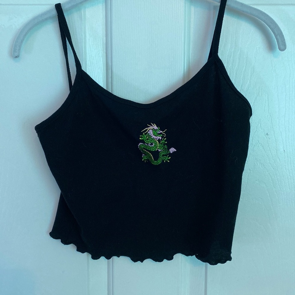 Black cropped tank with colorful dragon embroidery!